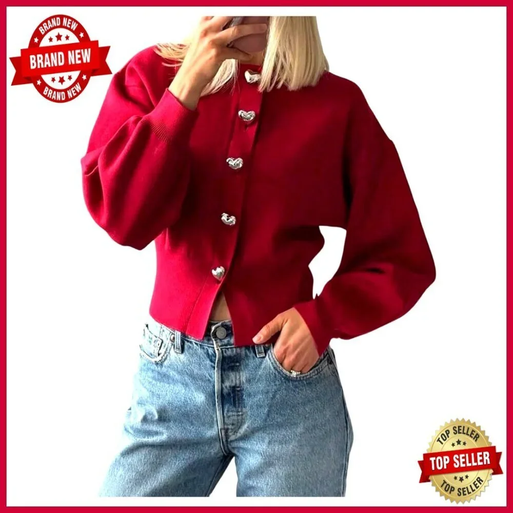 Cropped Cardigan Long Sleeve Waffle Knit Button Down Lantern Sleeve
